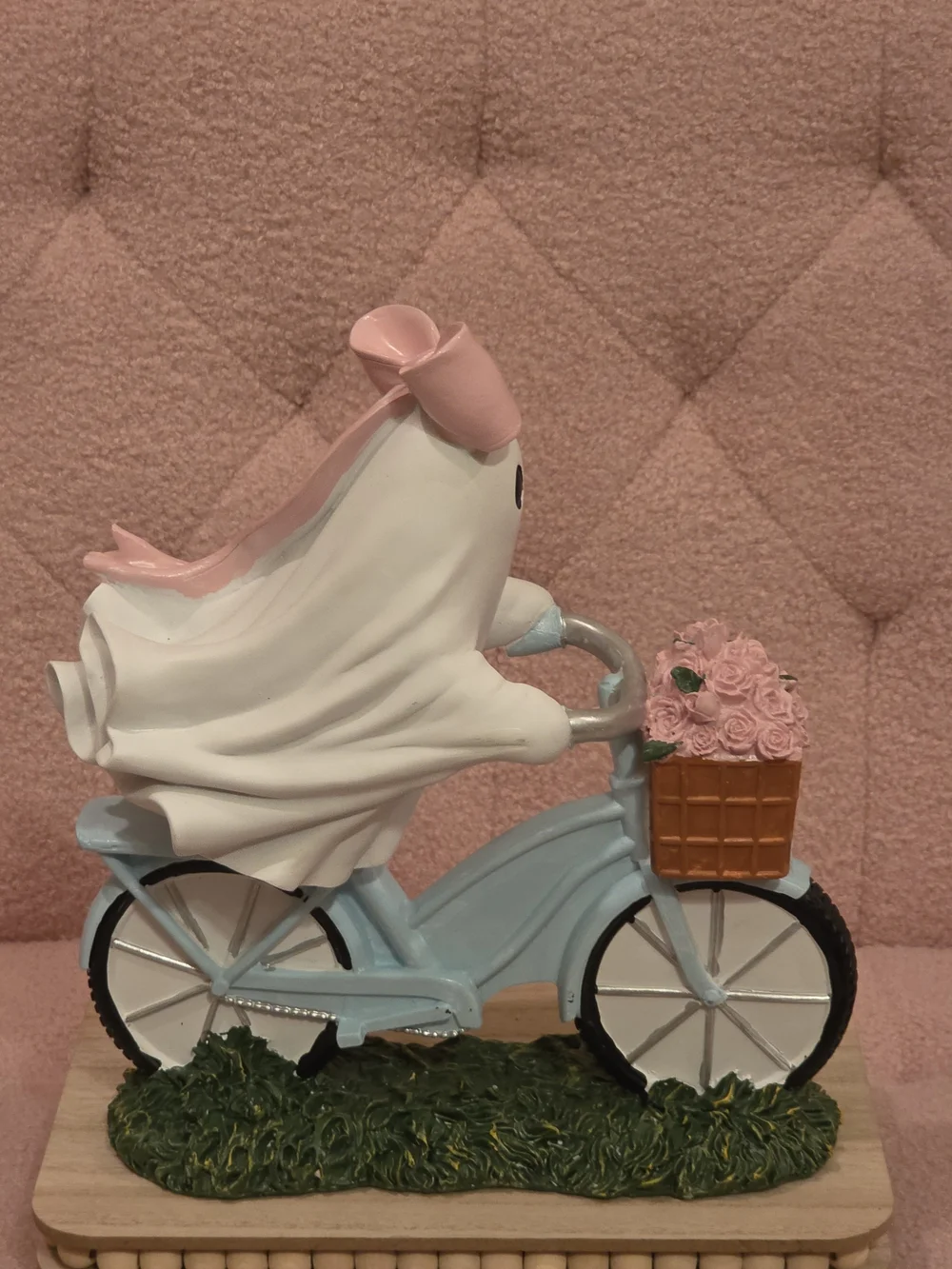 Pink Bow Ghost on Blue Bicycle Figurine with Flower Basket